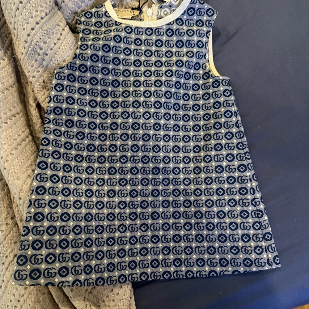 NWT GUCCI BABIES KIDS BLUE GG-JACQUARD COTTON-BLEND DRESS 18-24 MONTHS